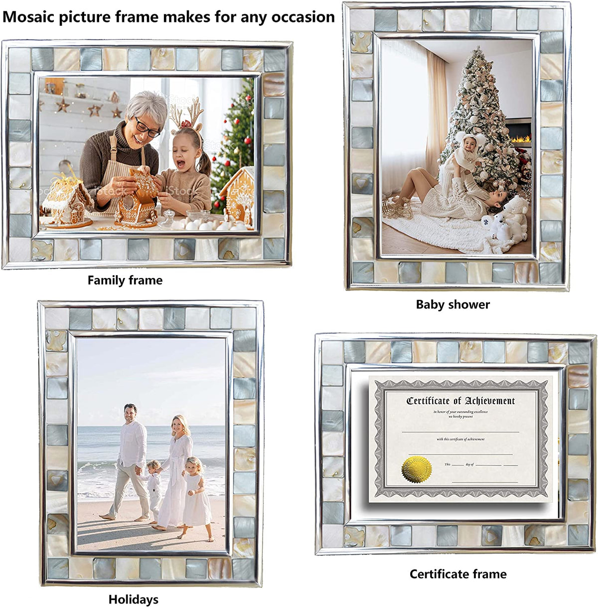 Mother of Pearl Picture Frame 6X8, Grey + White, 1Pc | Silver Plate Wall or Tabletop Frame, Wedding Photo Frame, Mosaic Glass Beach Frame, Holiday Gift