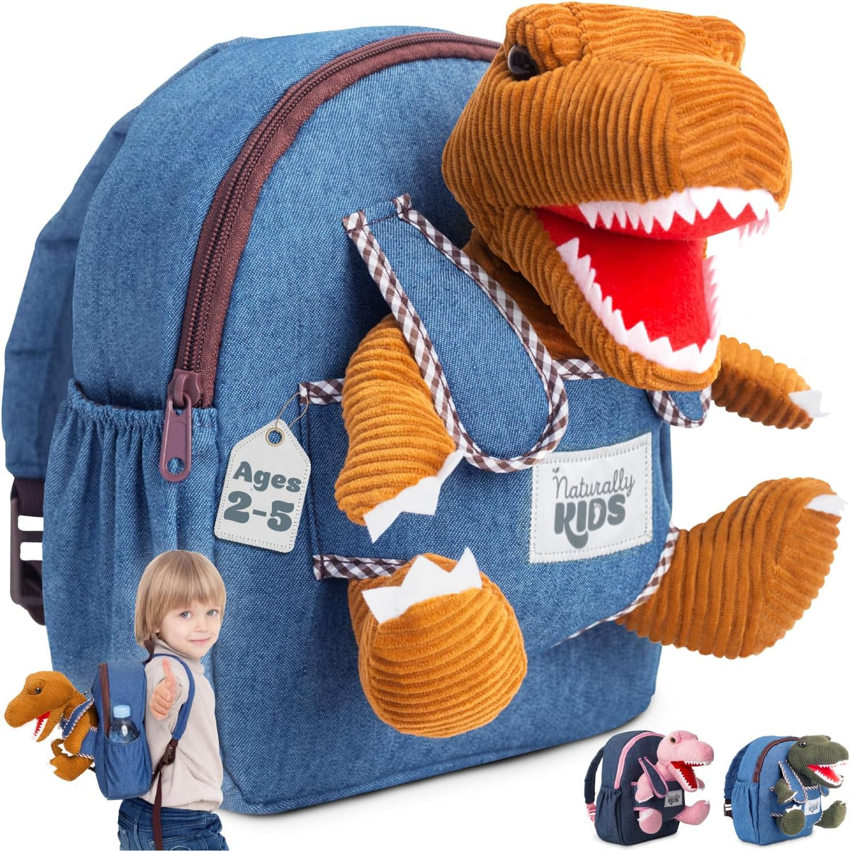Toddler Backpack W. Plush Brown Dinosaur Toy, Kids Gift 2-5 | 2-In-1 Dinosaur Backpack W. Removable Plush, Side Pockets, Dinosaur Toys for Kids 3-5, Birthday & Christmas Gift for Boys