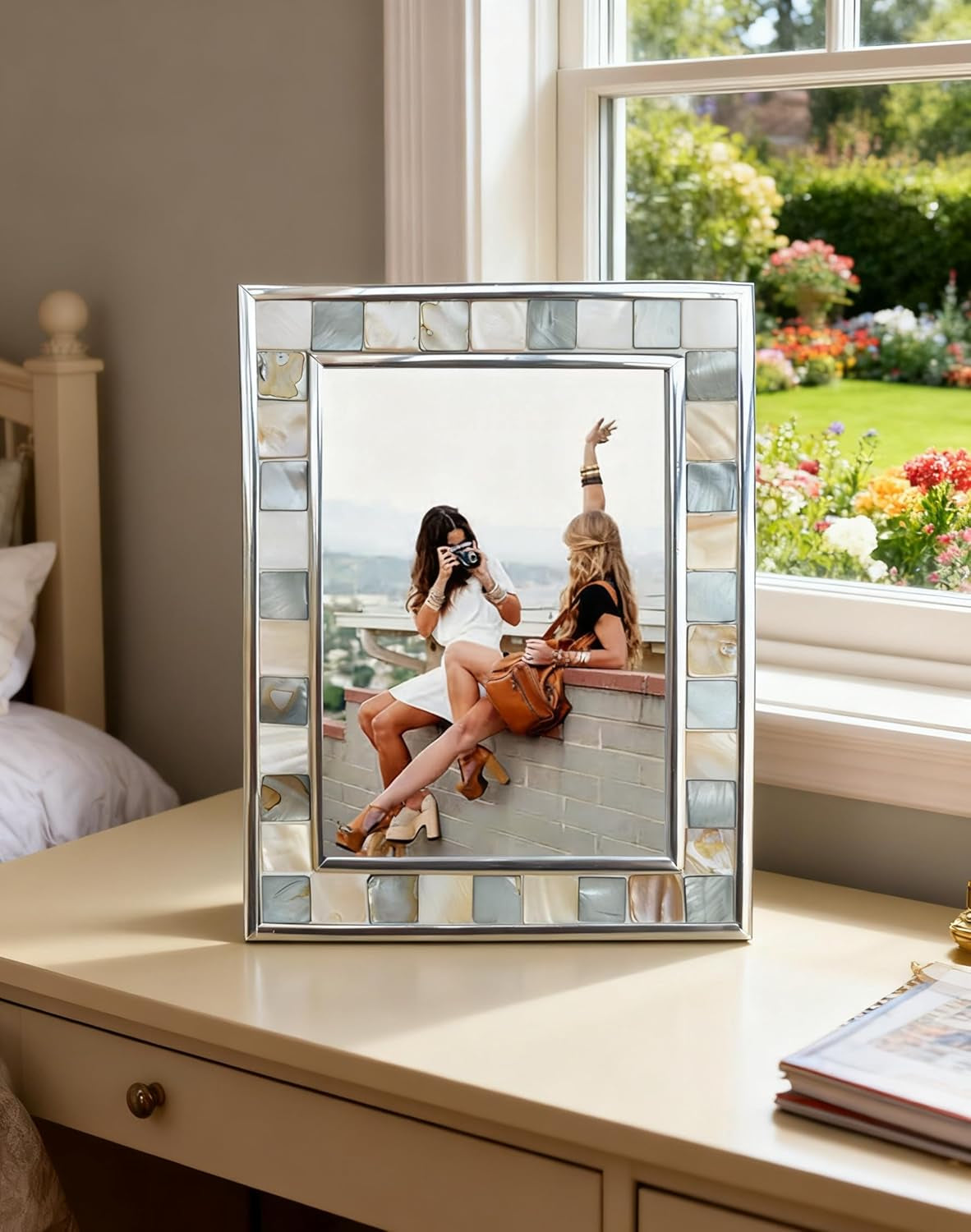 Mother of Pearl Picture Frame 6X8, Grey + White, 1Pc | Silver Plate Wall or Tabletop Frame, Wedding Photo Frame, Mosaic Glass Beach Frame, Holiday Gift