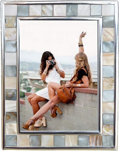 Mother of Pearl Picture Frame 6X8, Grey + White, 1Pc | Silver Plate Wall or Tabletop Frame, Wedding Photo Frame, Mosaic Glass Beach Frame, Holiday Gift