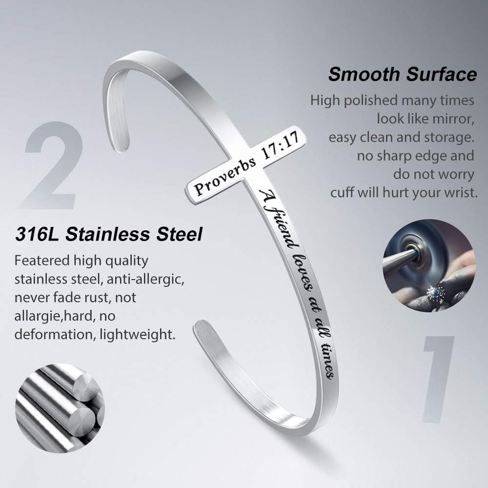 Silver Cross Bracelet, Christian Gifts for Women | Faith Inspiration Bible Verse Bracelets Cross Cuff Bangle Stainless Steel Bracelet Waterproof Non-Tarnish Adjustable