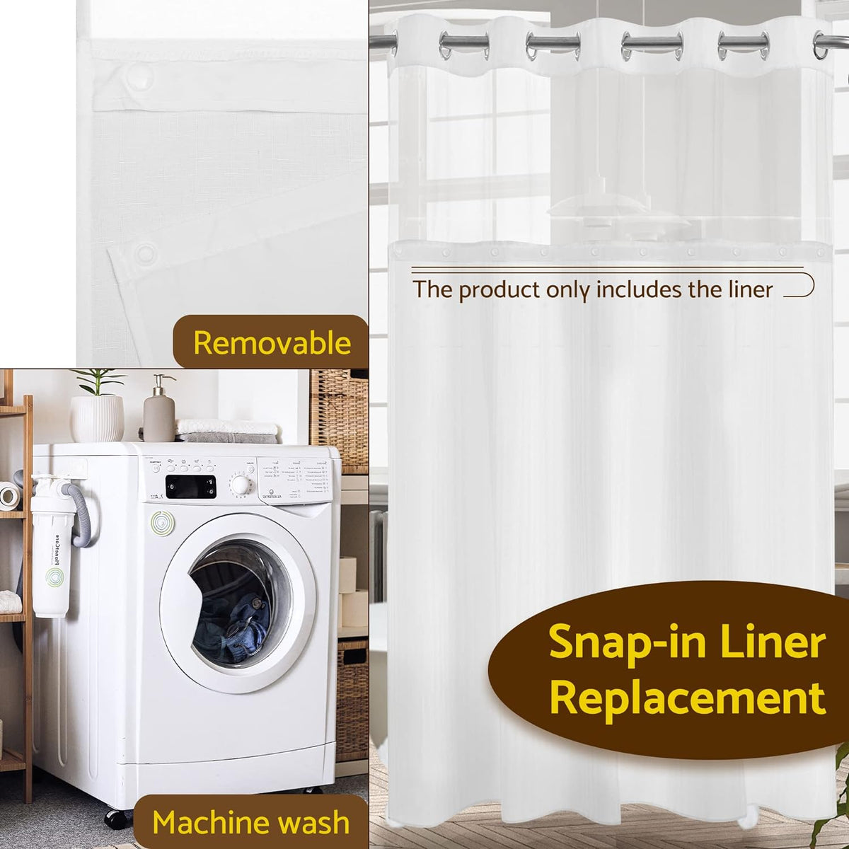 70X54 Snap-In Shower Curtain Replacement Liner White | 2 Bottom Magnets, Fabric, Removable, Water Repellent, Machine Washable, Hotel Style, 70" W X 54" H Inner Liner