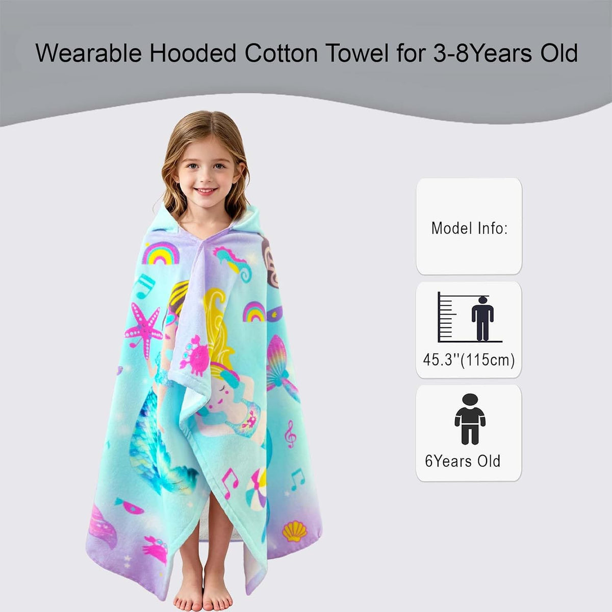 Mermaid Kids Hooded Towels Age 3-8,100% Cotton,Absorbs Fast | 50"X30",Pool, Beach & Bath,Gift Idea,Comfort&Thick,Machine Washable and Durable,Wearable,Safe Materials,Indoor & Outdoor