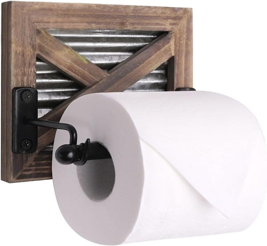 Rustic Farmhouse Toilet Paper Holder Wall - Farmhouse Bathroom Country Decor Accessories with Warm Brown Wood, Galvanized Metal & Black Adds Western Decor Charm
