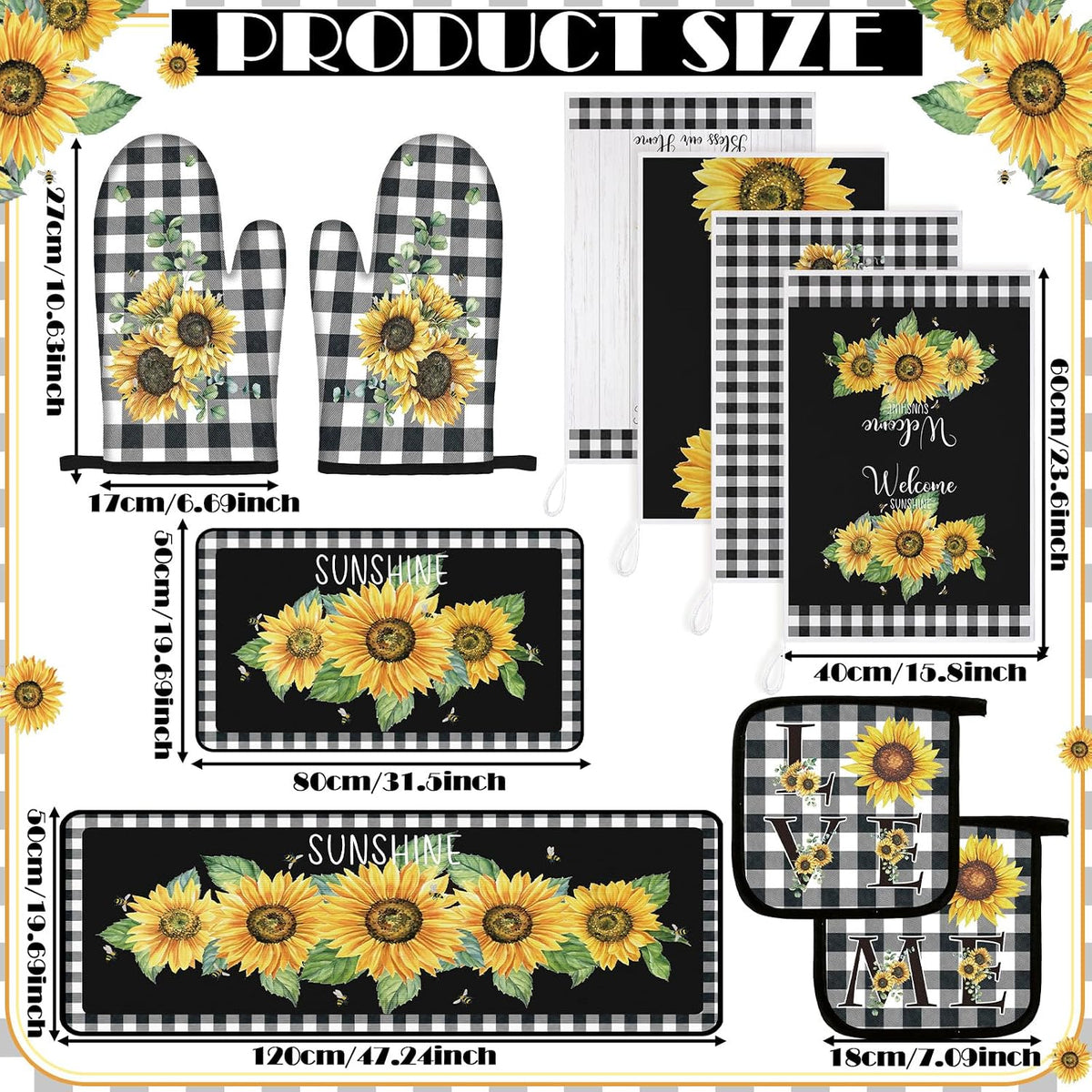10 Pcs Sunflower Kitchen Decor Set Black Buffalo Plaid