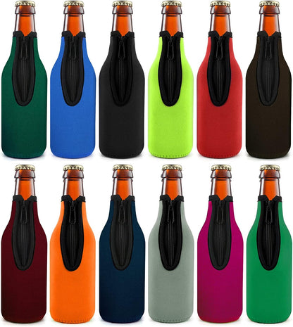 Beer Bottle Insulator Sleeve Different Color. Zip-Up Bottle Jackets. Keeps Beer Cold and Hands Warm. Classic Extra Thick Neoprene with Stitched Fabric Edges, Enclosed Bottom (Set of 12 Color)