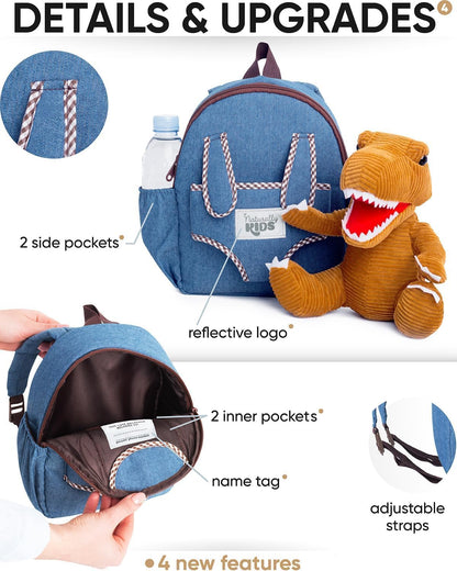 Toddler Backpack W. Plush Brown Dinosaur Toy, Kids Gift 2-5 | 2-In-1 Dinosaur Backpack W. Removable Plush, Side Pockets, Dinosaur Toys for Kids 3-5, Birthday & Christmas Gift for Boys