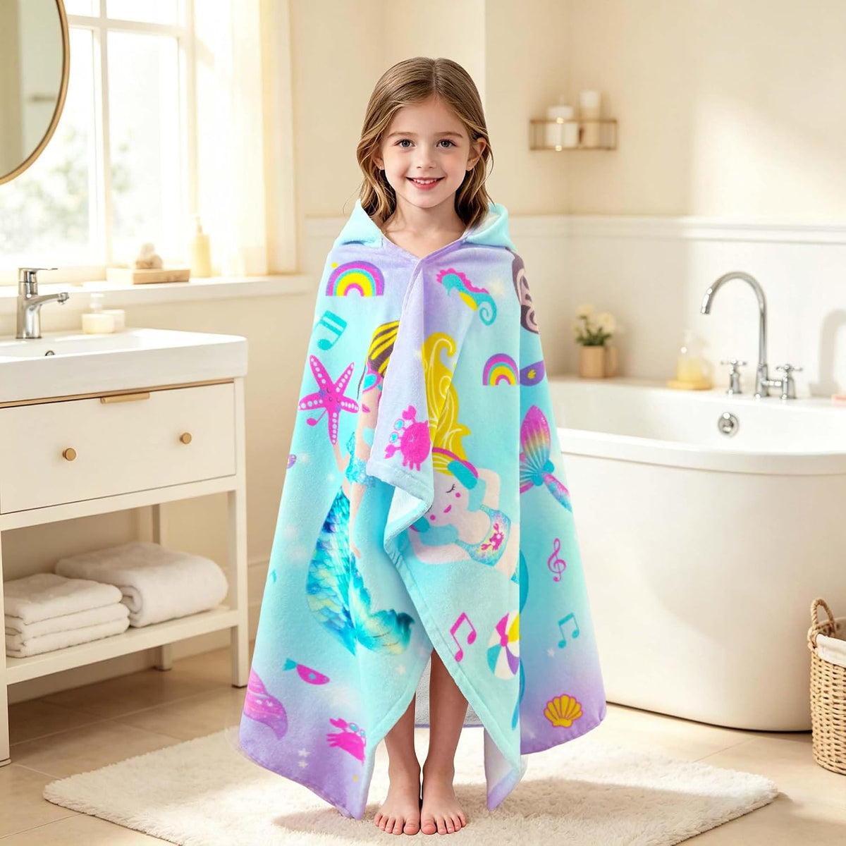Mermaid Kids Hooded Towels Age 3-8,100% Cotton,Absorbs Fast | 50"X30",Pool, Beach & Bath,Gift Idea,Comfort&Thick,Machine Washable and Durable,Wearable,Safe Materials,Indoor & Outdoor