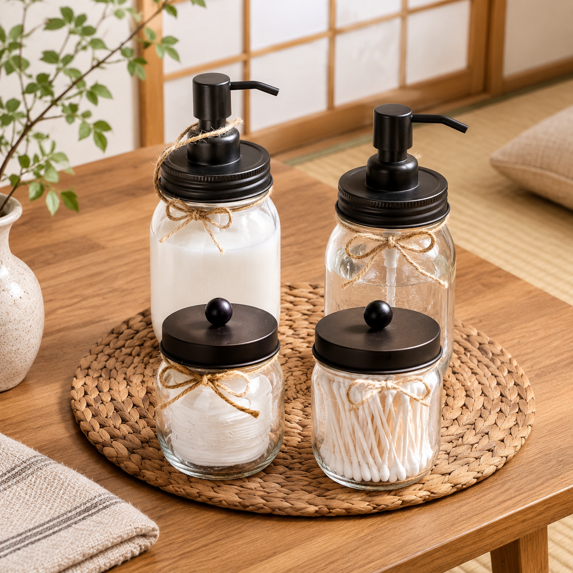 Mason Jar Bathroom Accessories Set, 4Pcs Glass Bathroom Set,Bronze | Lotion Soap Dispenser, 2 Cotton Swab Holder, Toothbrush Holder, Farmhouse Rustic Bathroom Decor, Countertop Vanity Organizer