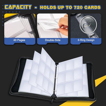 Baseball Card Binder, 9 Pocket Sports Card Binder, 720 Double Sided Pocket Zipper Album, Baseball Cards Zipper Display Holder, Expandable, Compatible with Gaming Cards, Yugioh, MTG and Other TCG