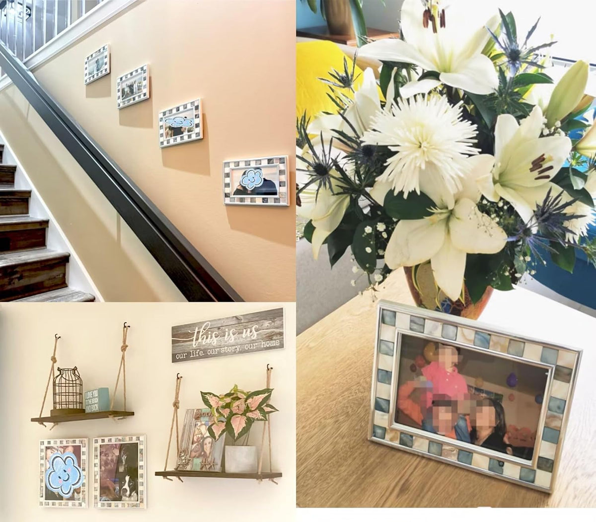 Mother of Pearl Picture Frame 6X8, Grey + White, 1Pc | Silver Plate Wall or Tabletop Frame, Wedding Photo Frame, Mosaic Glass Beach Frame, Holiday Gift