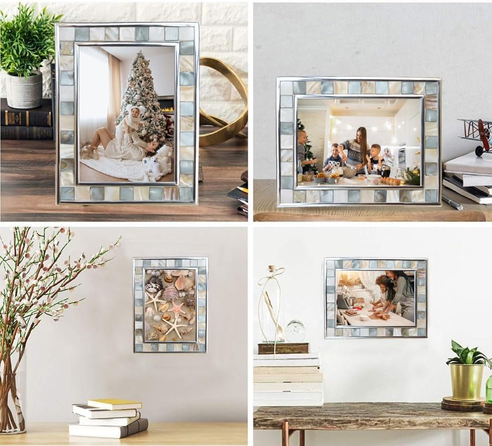 Mother of Pearl Picture Frame 6X8, Grey + White, 1Pc | Silver Plate Wall or Tabletop Frame, Wedding Photo Frame, Mosaic Glass Beach Frame, Holiday Gift
