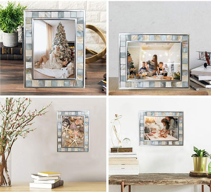 Mother of Pearl Picture Frame 6X8, Grey + White, 1Pc | Silver Plate Wall or Tabletop Frame, Wedding Photo Frame, Mosaic Glass Beach Frame, Holiday Gift