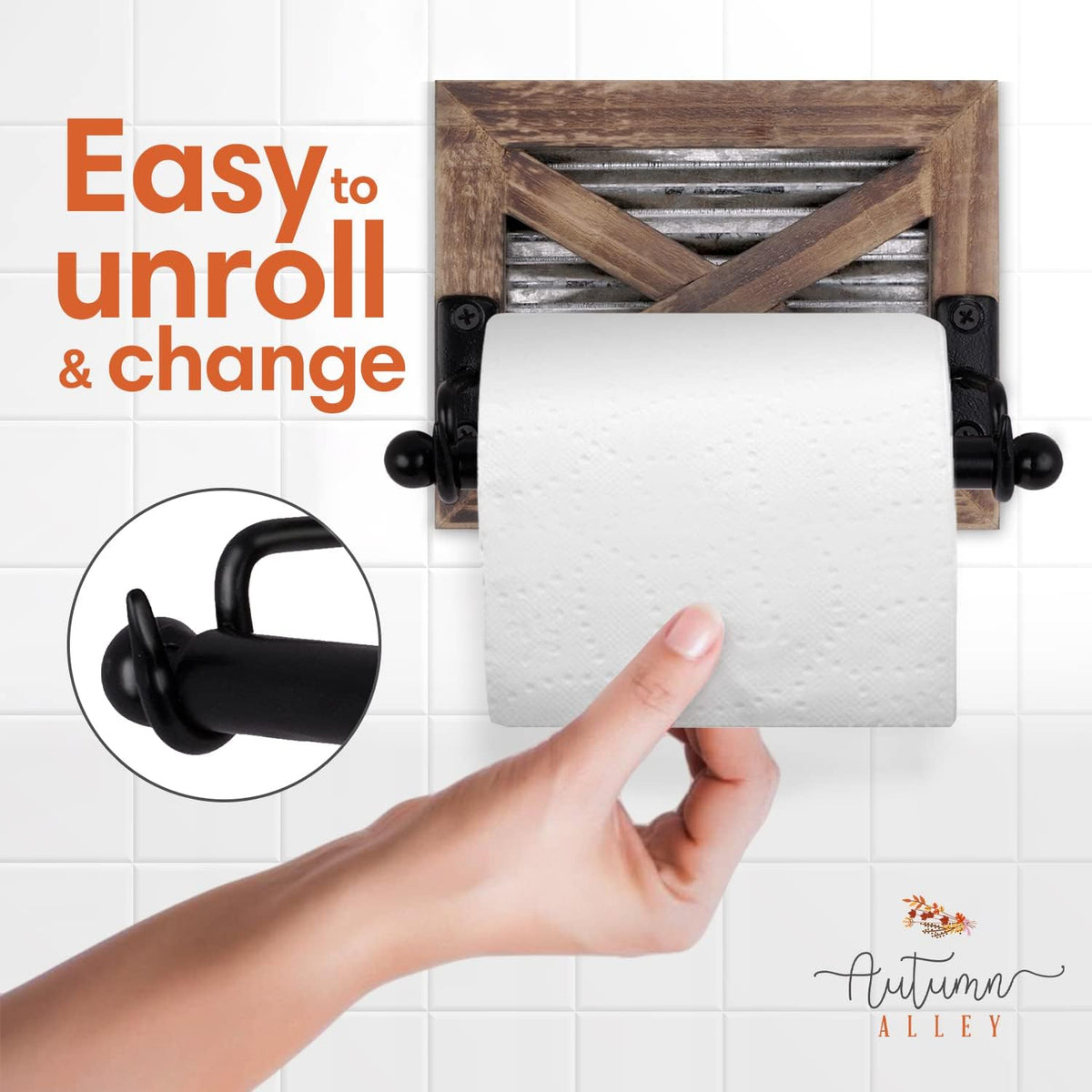 Rustic Farmhouse Toilet Paper Holder Wall - Farmhouse Bathroom Country Decor Accessories with Warm Brown Wood, Galvanized Metal & Black Adds Western Decor Charm