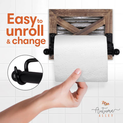 Rustic Farmhouse Toilet Paper Holder Wall - Farmhouse Bathroom Country Decor Accessories with Warm Brown Wood, Galvanized Metal & Black Adds Western Decor Charm