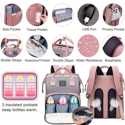 Baby Diaper Bags Backpack with Changing Station(Pink-Grey) | Waterproof Diaper Bag Backpack for Moms Dads with USB Charging Port,Large Capacity Multifunctional Baby Essentials