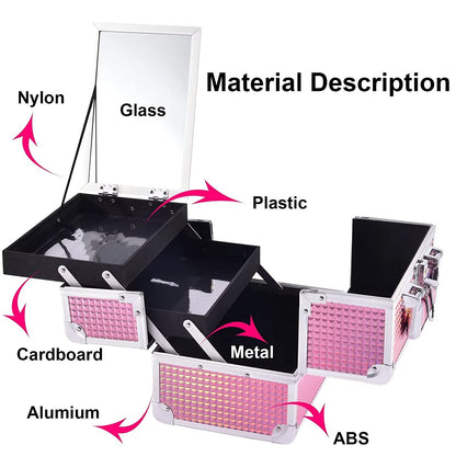 Makeup Case Organizer Makeup Box Cosmetic Train Case with Mirror | Cosmetic Box Portable Makeup Box Organizer 2 Trays Makeup Storage with Locking for Makeup Artist Nail Tech Kits Mermaid Pink