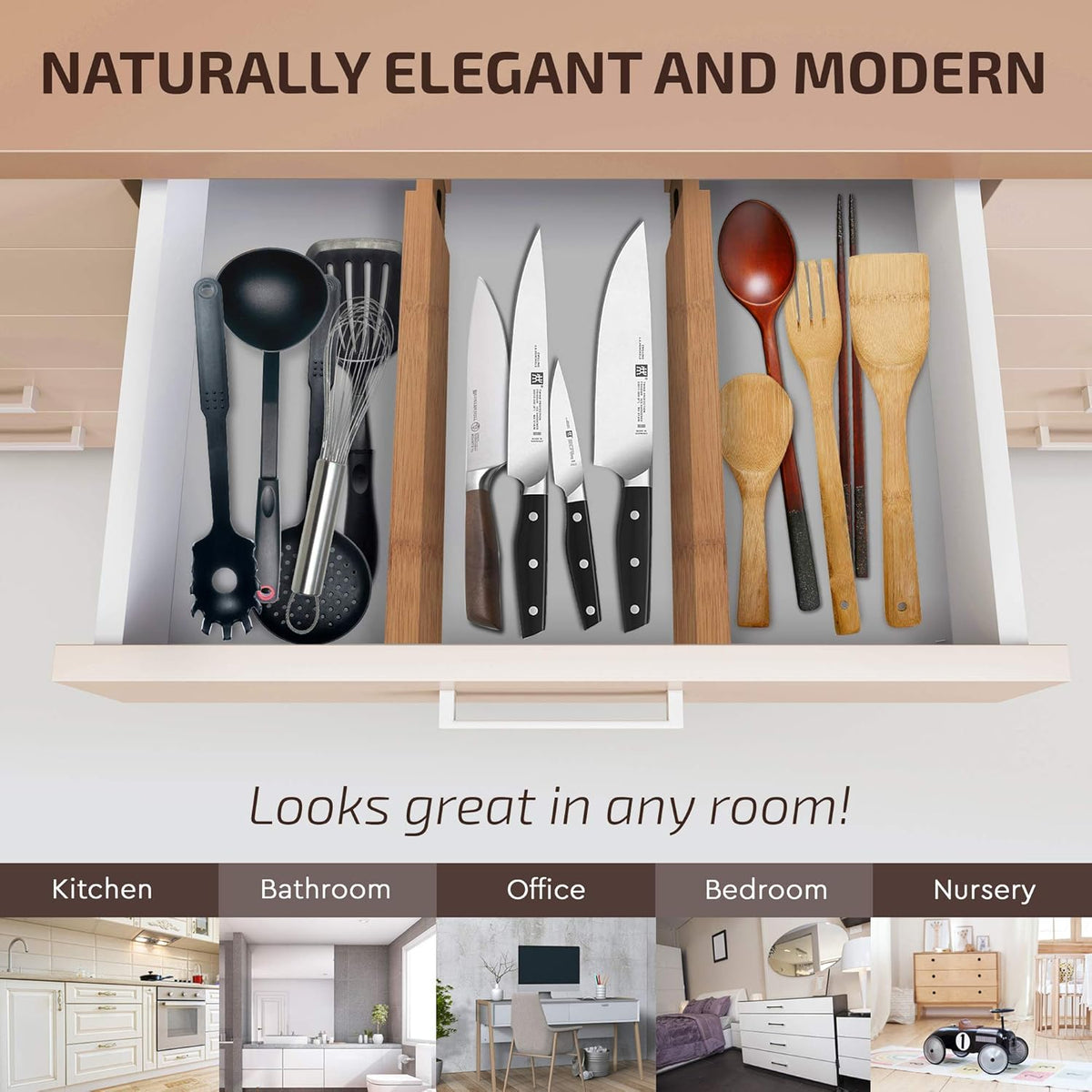 4-Pack Drawer Divider - 2.6" High, 16" to 22" Adjustable Bamboo Drawer Organizers for Clothes, Expandable Dresser Separators in Bedroom/Bathroom/Kitchen/Office Organization and Storage