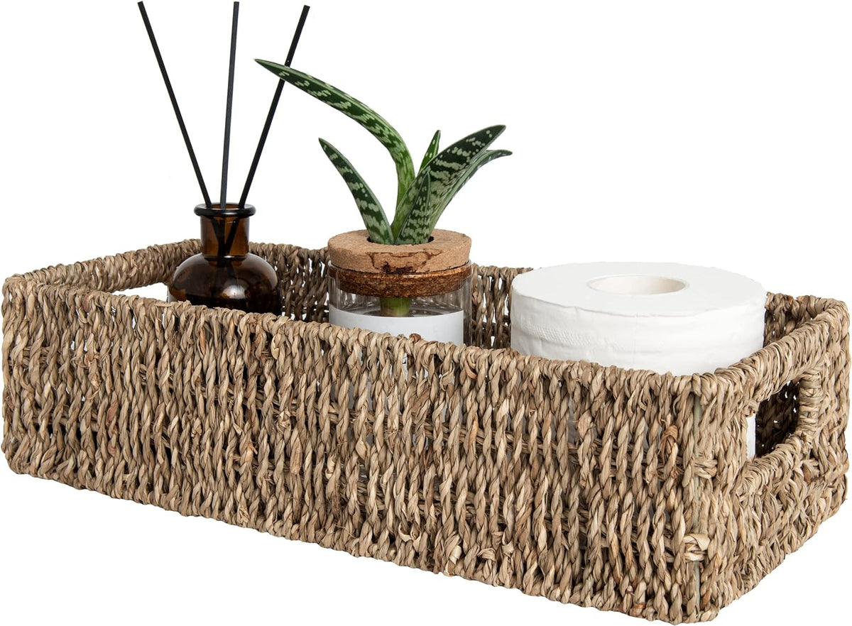 Wicker Seagrass Baskets, Toilet Basket Tank Topper | Small Toilet Tank Basket with Built-In Handles, Bathroom Basket Organizer and Storage for Bathroom Decor