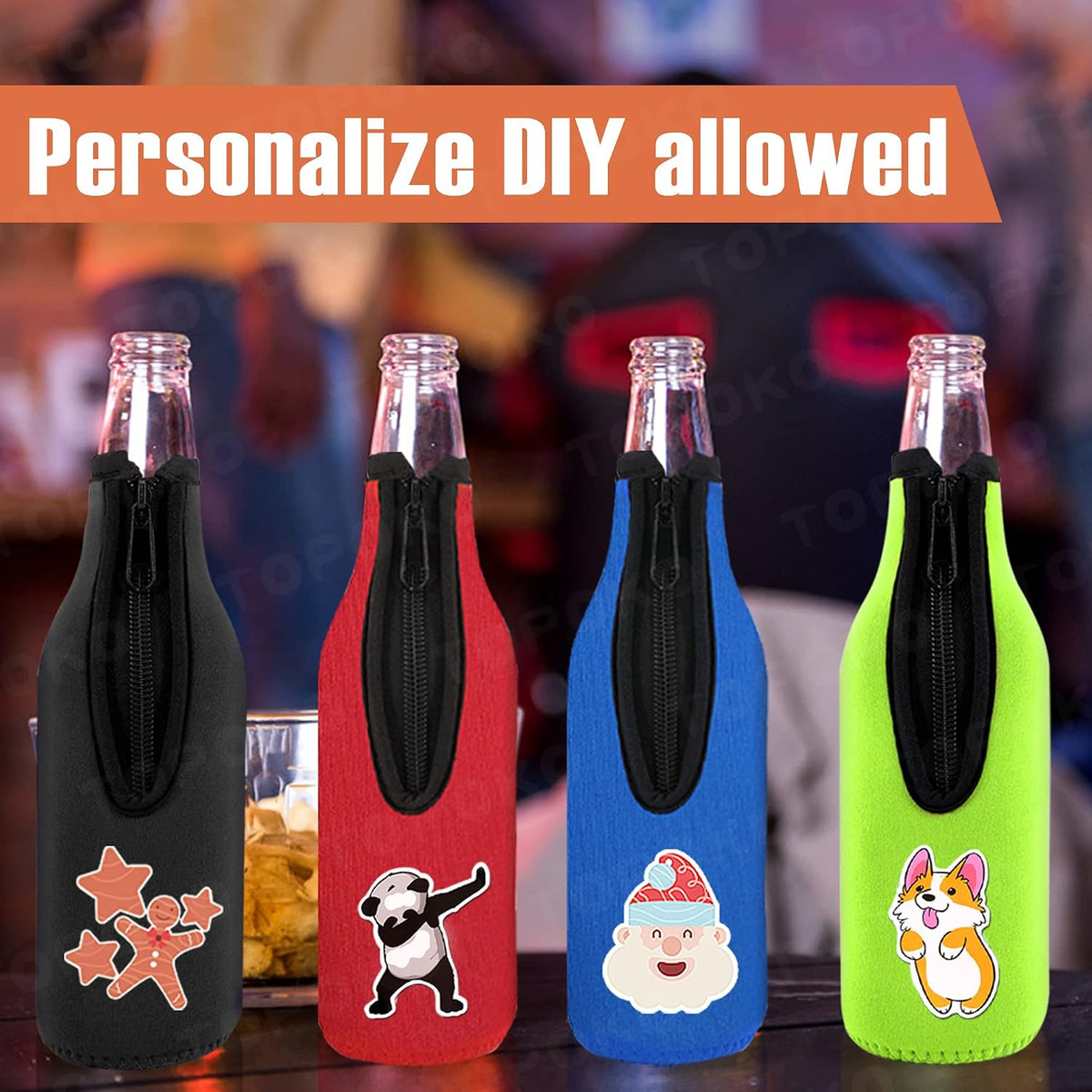 Beer Bottle Insulator Sleeve Different Color. Zip-Up Bottle Jackets. Keeps Beer Cold and Hands Warm. Classic Extra Thick Neoprene with Stitched Fabric Edges, Enclosed Bottom (Set of 12 Color)