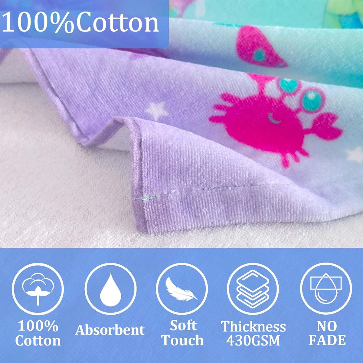 Mermaid Kids Hooded Towels Age 3-8,100% Cotton,Absorbs Fast | 50"X30",Pool, Beach & Bath,Gift Idea,Comfort&Thick,Machine Washable and Durable,Wearable,Safe Materials,Indoor & Outdoor