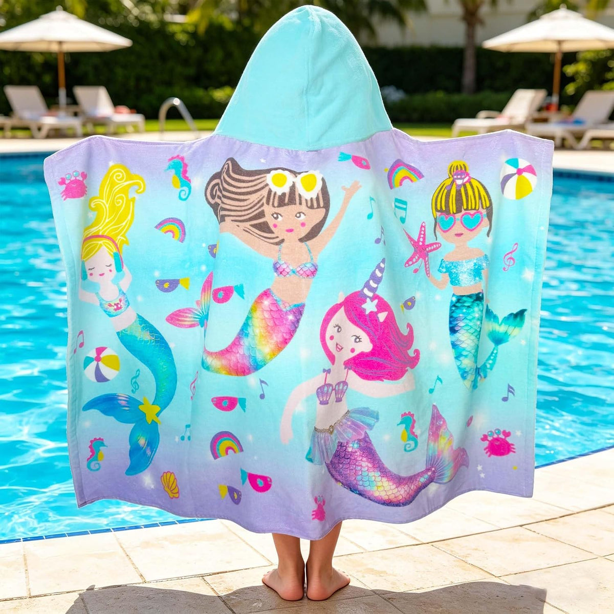 Mermaid Kids Hooded Towels Age 3-8,100% Cotton,Absorbs Fast | 50"X30",Pool, Beach & Bath,Gift Idea,Comfort&Thick,Machine Washable and Durable,Wearable,Safe Materials,Indoor & Outdoor