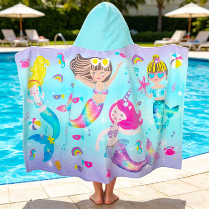 Mermaid Kids Hooded Towels Age 3-8,100% Cotton,Absorbs Fast | 50"X30",Pool, Beach & Bath,Gift Idea,Comfort&Thick,Machine Washable and Durable,Wearable,Safe Materials,Indoor & Outdoor