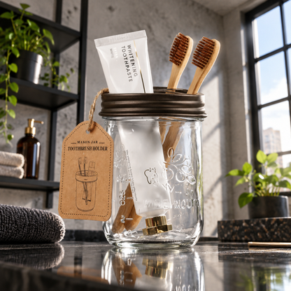 Mason Jar Bathroom Accessories Set, 4Pcs Glass Bathroom Set,Bronze | Lotion Soap Dispenser, 2 Cotton Swab Holder, Toothbrush Holder, Farmhouse Rustic Bathroom Decor, Countertop Vanity Organizer