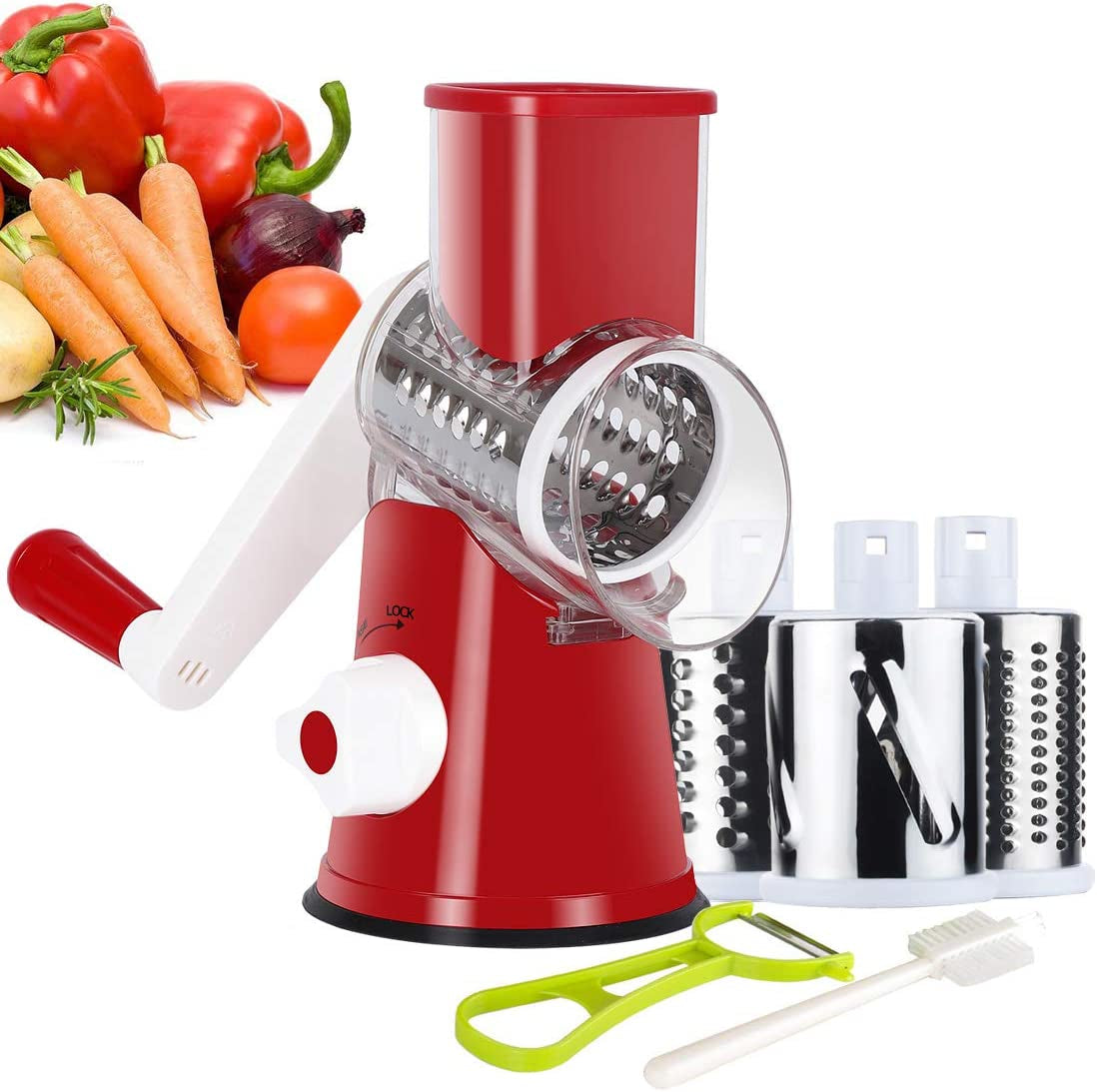 Rotary Cheese Grater Hand Crank, Kitchen Shredder Speed Mandolin Slicer Nut Grinder with Handle and Drum Blades for Cheese, Vegetable, Walnut, Chocolate, Potato, Carrot, 3 Blades, Red