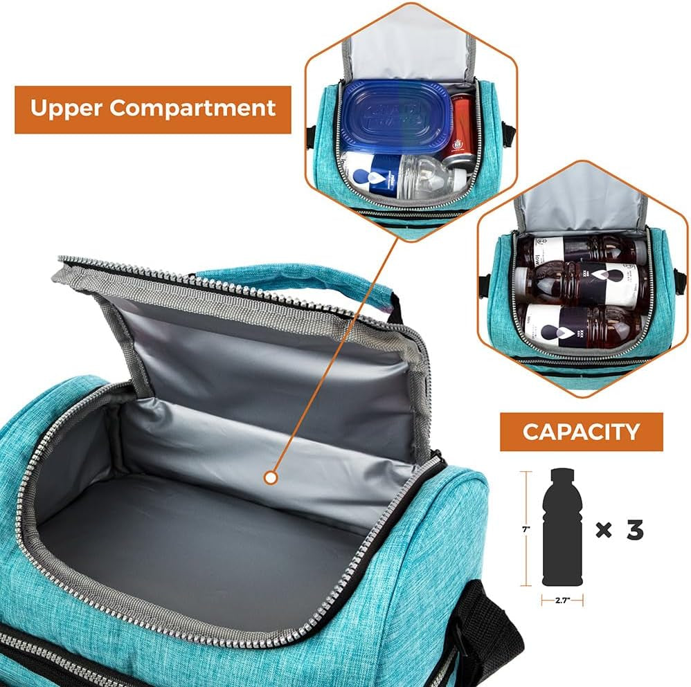 Insulated Lunch Bag for Men Women, Double Decker Leakproof, Teal Blue | Lunch Box Cooler Tote with Shoulder Strap, Large Lunchbox for Work School Travel Meal Prep, Adults Kids Boys Girls, 16 Cans