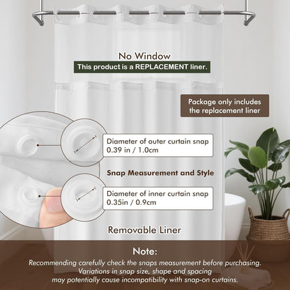 70X54 Snap-In Shower Curtain Replacement Liner White | 2 Bottom Magnets, Fabric, Removable, Water Repellent, Machine Washable, Hotel Style, 70" W X 54" H Inner Liner