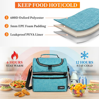 Insulated Lunch Bag for Men Women, Double Decker Leakproof, Teal Blue | Lunch Box Cooler Tote with Shoulder Strap, Large Lunchbox for Work School Travel Meal Prep, Adults Kids Boys Girls, 16 Cans