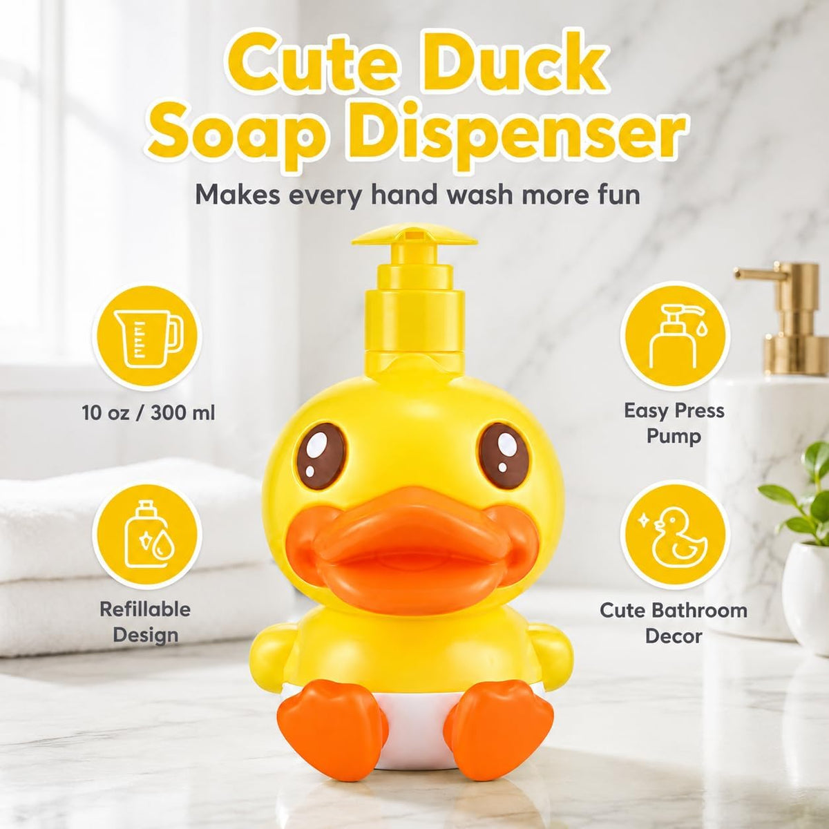 Plastic Cute Duck Soap Dispenser for Kid or Children with Pump | Fun Dispenser for Bathroom Fit Lotion Shampoo Shower Hand Sanitizer, Animal Yellow Duck Themed Soap Bottle Bath Accessories