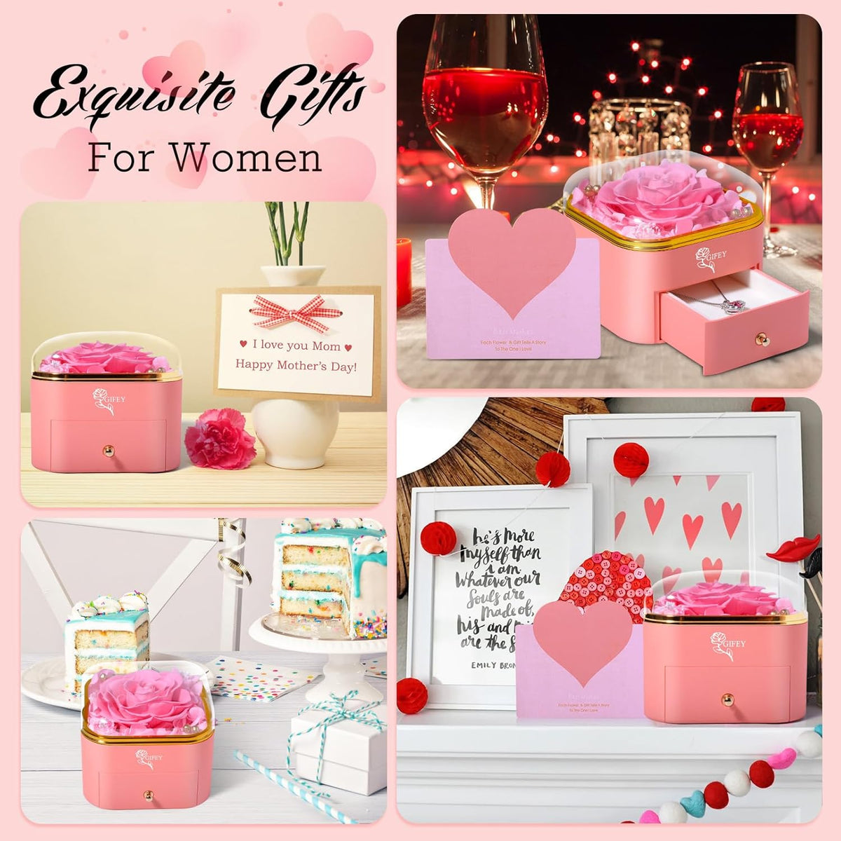 Pink Preserved Rose with Necklace, Heart Shaped Jewelry Box Set for Women | Surprise Her with a Beautiful Red Rose and Heart Charm Pendant, Comes with Pink Card and Gift Wrapping, for Anniversaries