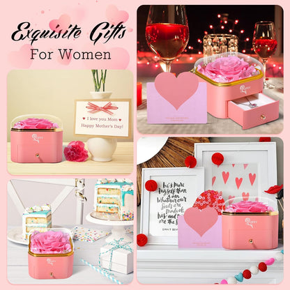 Pink Preserved Rose with Necklace, Heart Shaped Jewelry Box Set for Women | Surprise Her with a Beautiful Red Rose and Heart Charm Pendant, Comes with Pink Card and Gift Wrapping, for Anniversaries