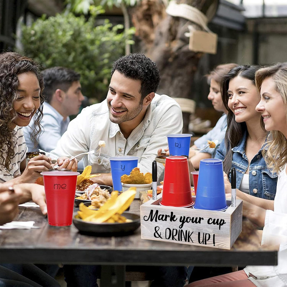 Wooden Cup Holder with Marker Slot, Mark Your Cup & Drink up Party Decor | Disposable Cup Organizer for Holiday Gatherings, Hosting Essential to Prevent Mix-Ups, Reduce Waste, 9.45X5.75X5.75 In