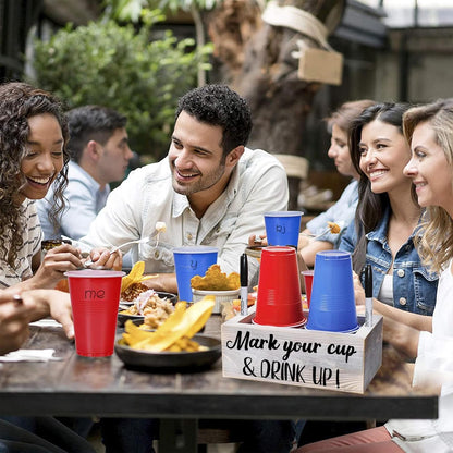 Wooden Cup Holder with Marker Slot, Mark Your Cup & Drink up Party Decor | Disposable Cup Organizer for Holiday Gatherings, Hosting Essential to Prevent Mix-Ups, Reduce Waste, 9.45X5.75X5.75 In