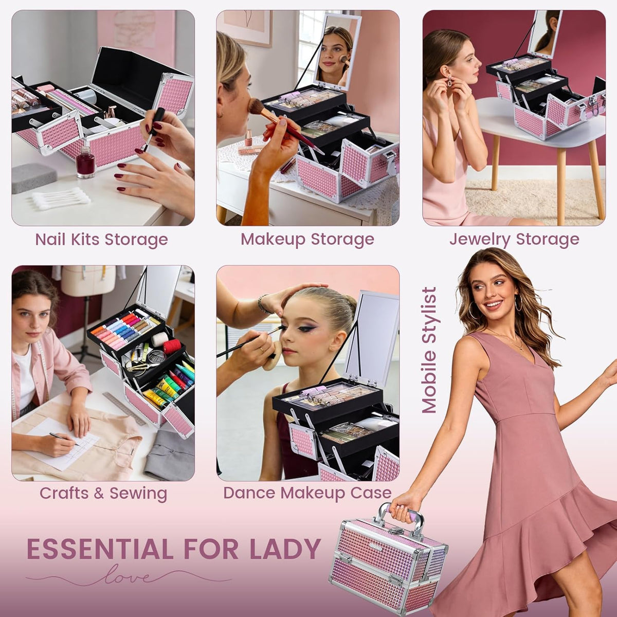 Makeup Case Organizer Makeup Box Cosmetic Train Case with Mirror | Cosmetic Box Portable Makeup Box Organizer 2 Trays Makeup Storage with Locking for Makeup Artist Nail Tech Kits Mermaid Pink