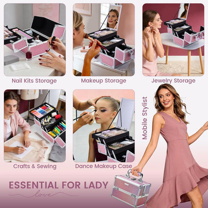 Makeup Case Organizer Makeup Box Cosmetic Train Case with Mirror | Cosmetic Box Portable Makeup Box Organizer 2 Trays Makeup Storage with Locking for Makeup Artist Nail Tech Kits Mermaid Pink