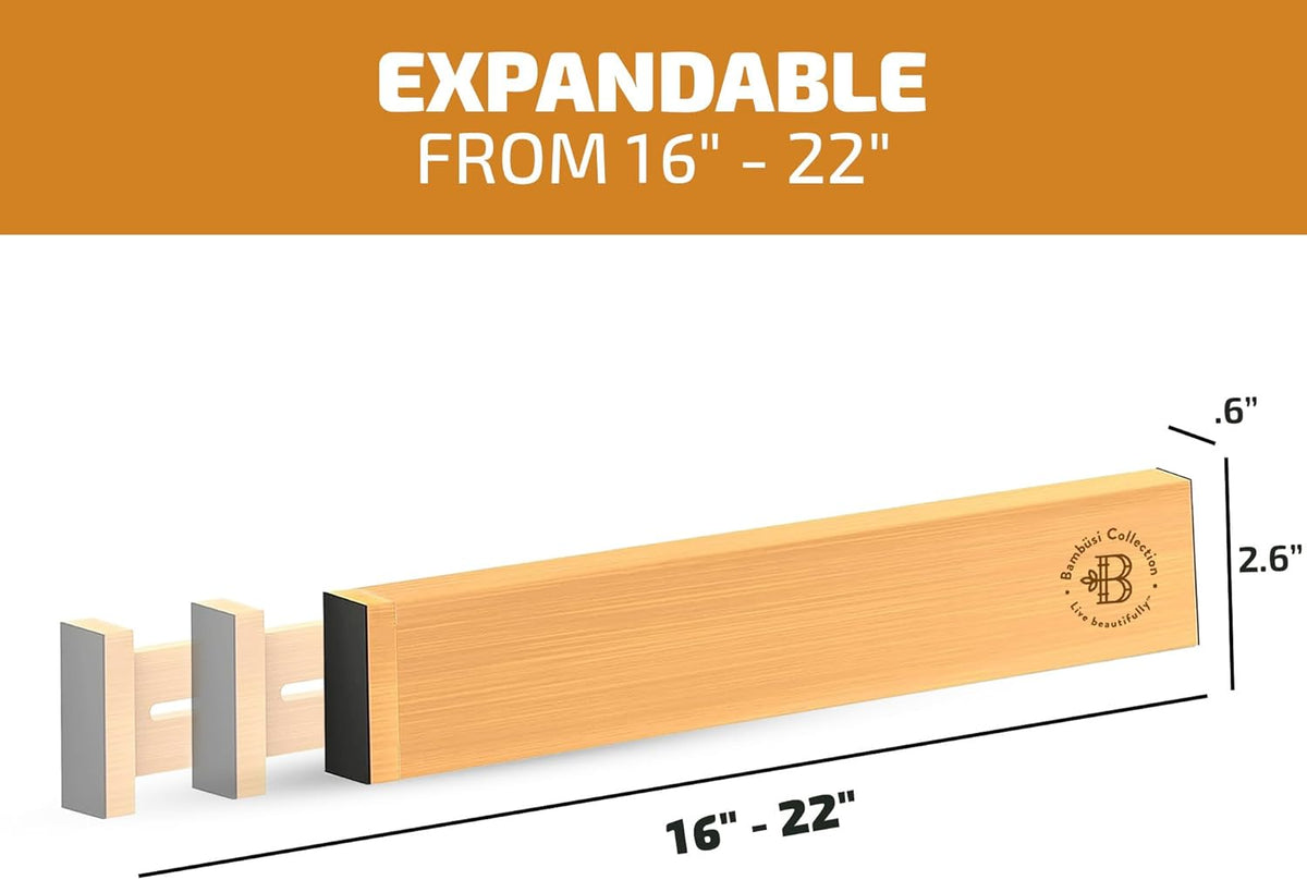 4-Pack Drawer Divider - 2.6" High, 16" to 22" Adjustable Bamboo Drawer Organizers for Clothes, Expandable Dresser Separators in Bedroom/Bathroom/Kitchen/Office Organization and Storage