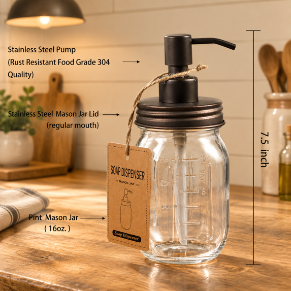 Mason Jar Bathroom Accessories Set, 4Pcs Glass Bathroom Set,Bronze | Lotion Soap Dispenser, 2 Cotton Swab Holder, Toothbrush Holder, Farmhouse Rustic Bathroom Decor, Countertop Vanity Organizer