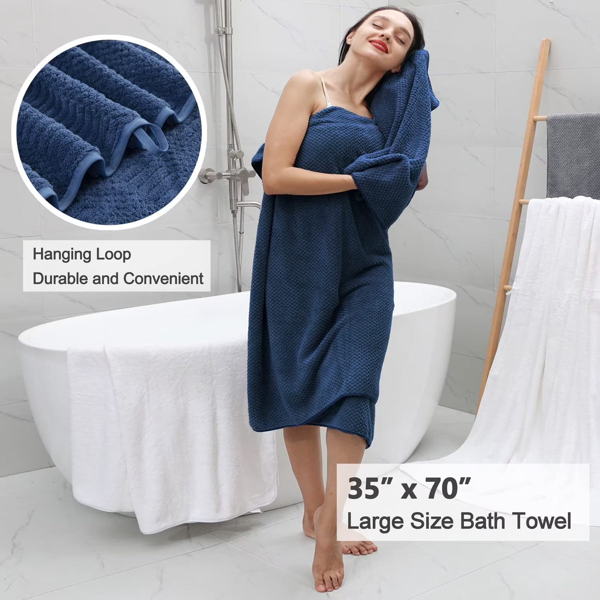 4 Pack Large Bath Towel Set 600 GSM Ultra Soft Oversized Navy Blue Towel Set 35"X70" Extra Large Bath Sheets