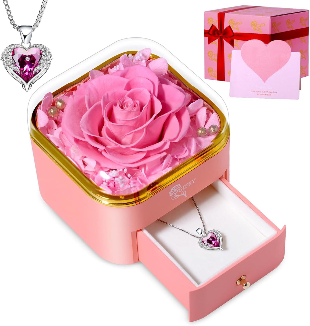 Pink Preserved Rose with Necklace, Heart Shaped Jewelry Box Set for Women | Surprise Her with a Beautiful Red Rose and Heart Charm Pendant, Comes with Pink Card and Gift Wrapping, for Anniversaries