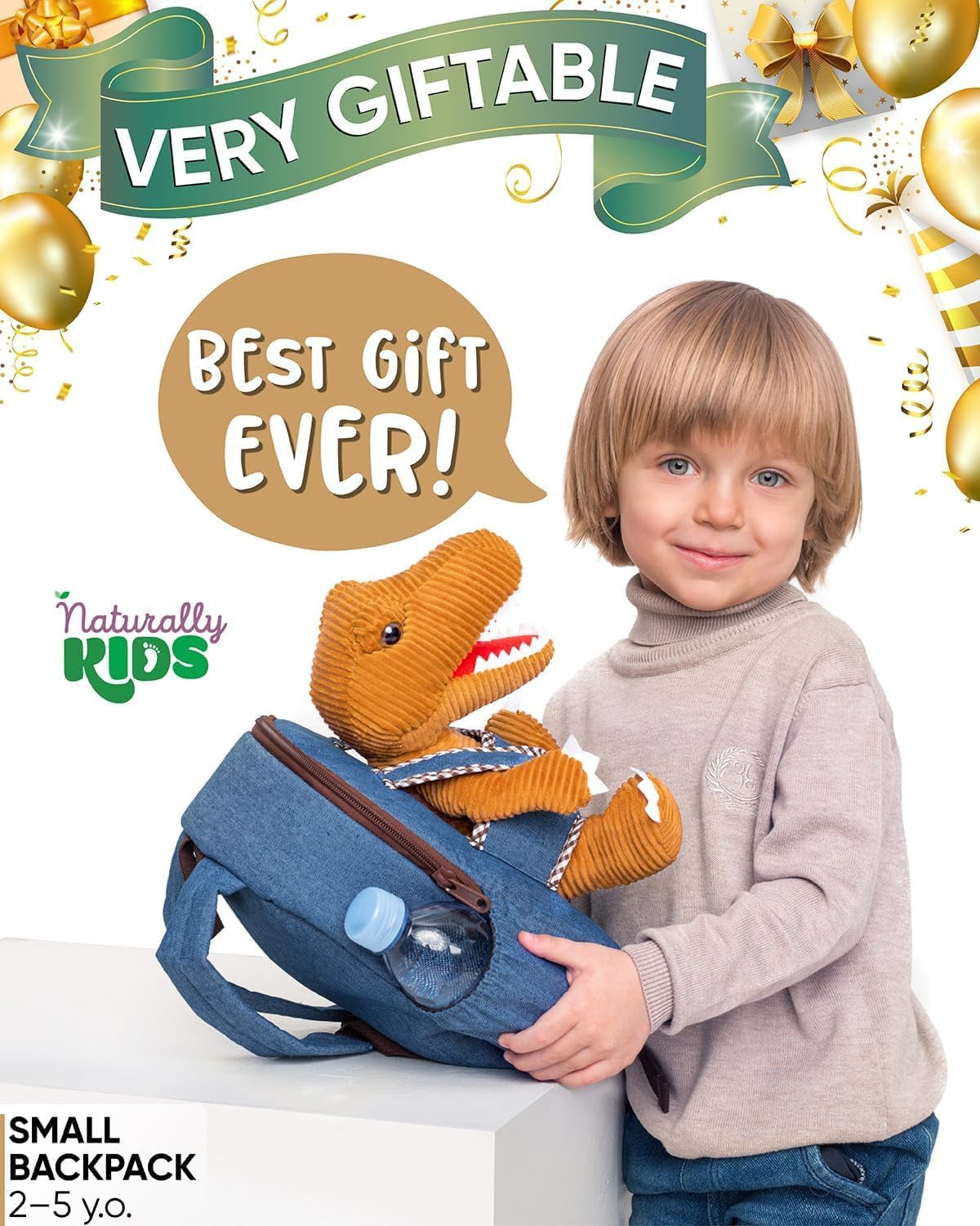 Toddler Backpack W. Plush Brown Dinosaur Toy, Kids Gift 2-5 | 2-In-1 Dinosaur Backpack W. Removable Plush, Side Pockets, Dinosaur Toys for Kids 3-5, Birthday & Christmas Gift for Boys