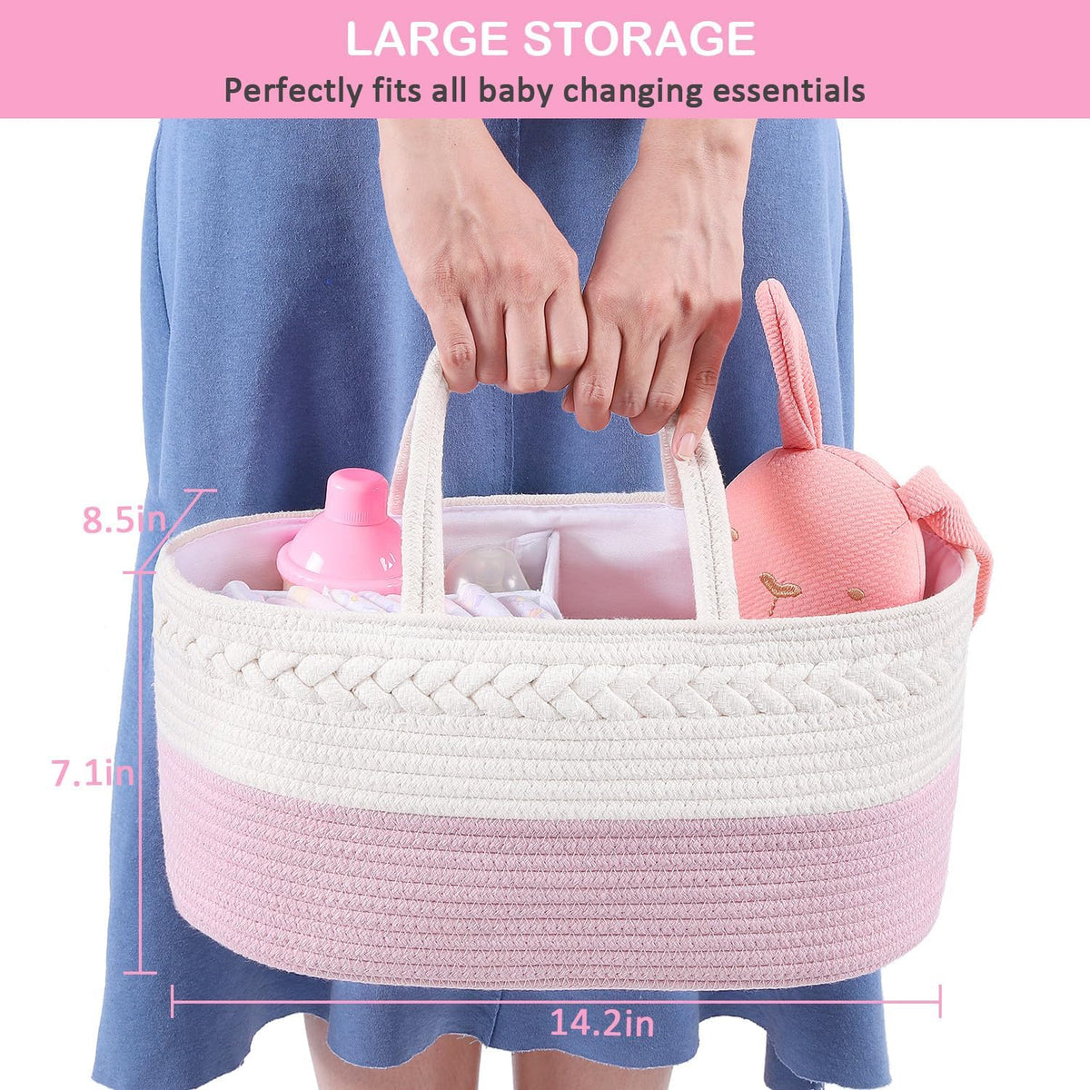 Diaper Caddy Organizer, Rope Woven Storage Baske, Pink | Cotton Rope, Nursery Storage Basket for Car & Changing Table | Holds Diapers, Wipes & Baby Essentials | Durable