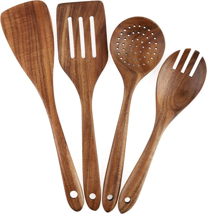 Wooden Cooking Utensils Set 4-Piece Wood Kitchen Utensil Set | for Non Stick Cookware Wooden Spatula,Fork,Turner,Ladle,Strainer Spoons