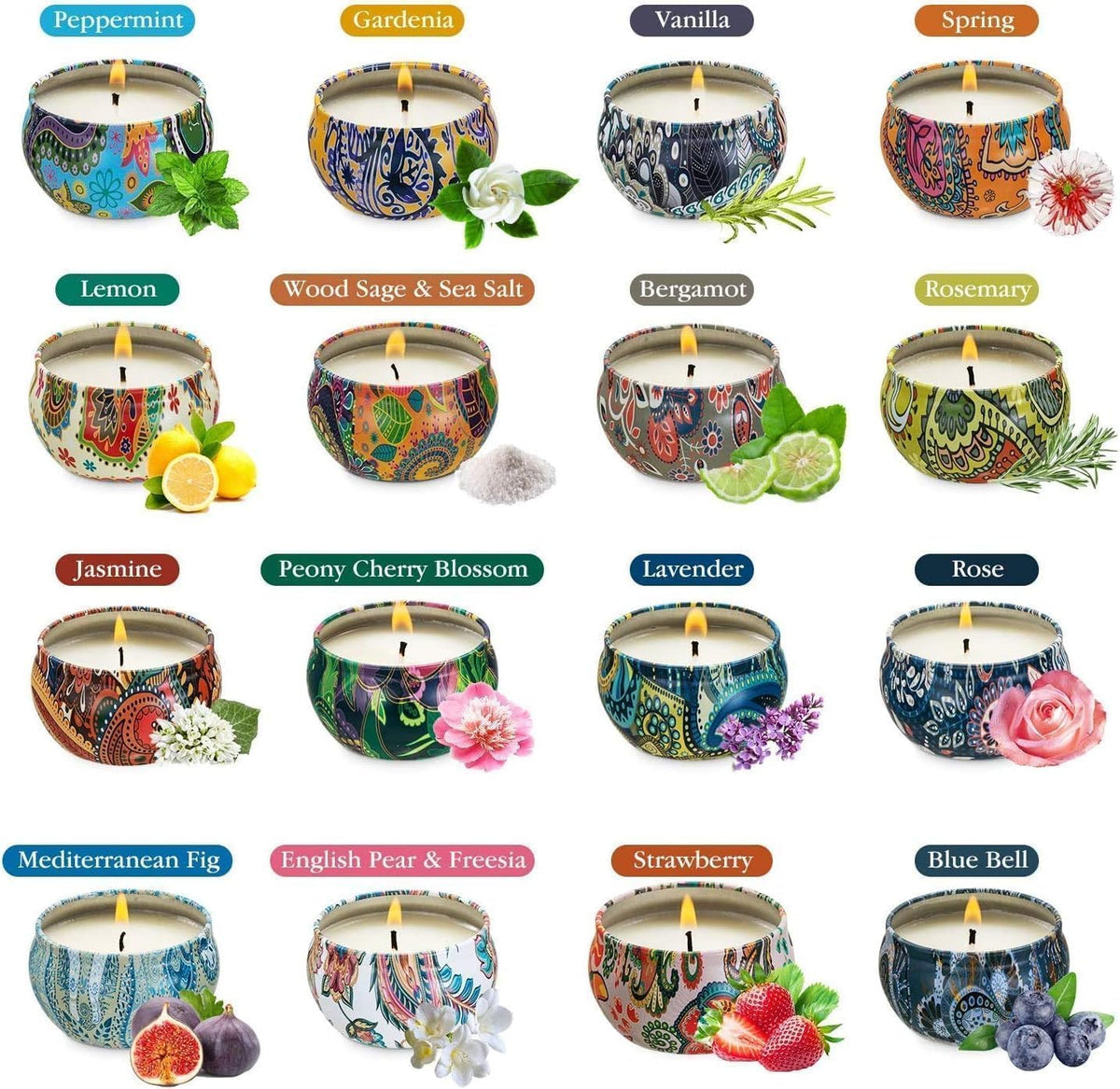 Scented Candles Gift Set, Natural Soy Wax Portable Travel Tin with Strongly Fragrance Essential Oils for Stress Relief and Aromatherapy - 16 Pack
