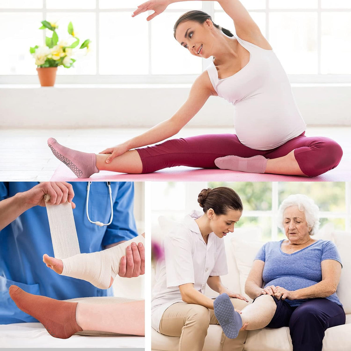 Unisex Non Slip Grip Socks for Yoga Pilates Barre Home & Hospital | Breathable Cotton, 4 Pairs, anti Skid, Cushion Sole, Ankle High Socks for Gift, Ballet, Pregnant and Elderly