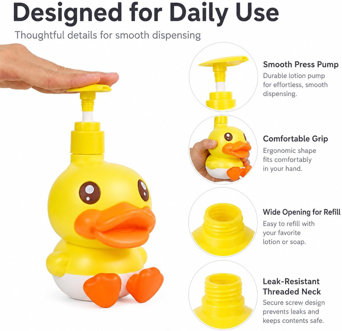 Plastic Cute Duck Soap Dispenser for Kid or Children with Pump | Fun Dispenser for Bathroom Fit Lotion Shampoo Shower Hand Sanitizer, Animal Yellow Duck Themed Soap Bottle Bath Accessories