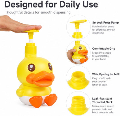 Plastic Cute Duck Soap Dispenser for Kid or Children with Pump | Fun Dispenser for Bathroom Fit Lotion Shampoo Shower Hand Sanitizer, Animal Yellow Duck Themed Soap Bottle Bath Accessories